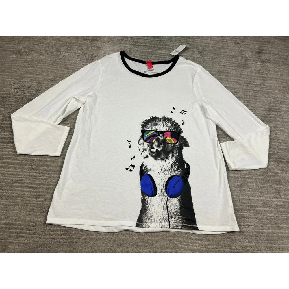 Justice Graphic Tee Girls 20/22 Plus White Alpaca Music Long Sleeve Ringer Shirt